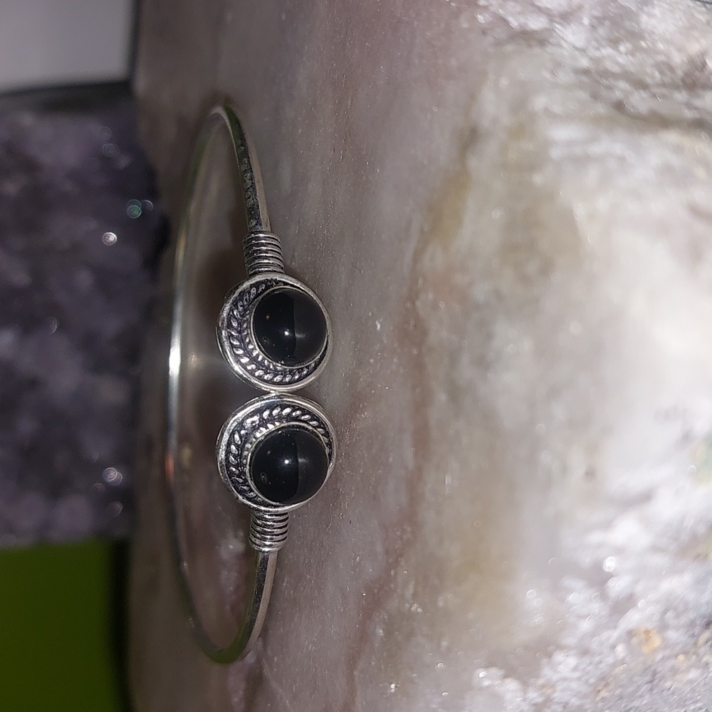 Double Stone Black Onyx Adjustable Bangle Bracelet - Picture 2 of 4